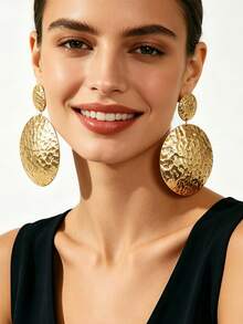 1 Pair European And American Vintage Style Matte Gold-Plated Metal Handmade Hammered Textured Embossed Double Round Disc Long Dangle Earrings For Women, Commute And Party, Exaggerated Heavy Craft - Yellow Gold - View 3