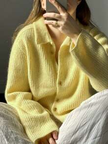 EAVA Autumn Winter Pastel Yellow Sweater Lapel Neck Button Front Knitwear Ribbed Cardigan Coat Slouchy Quiet Luxury Casual Pullover - Yellow - View 5