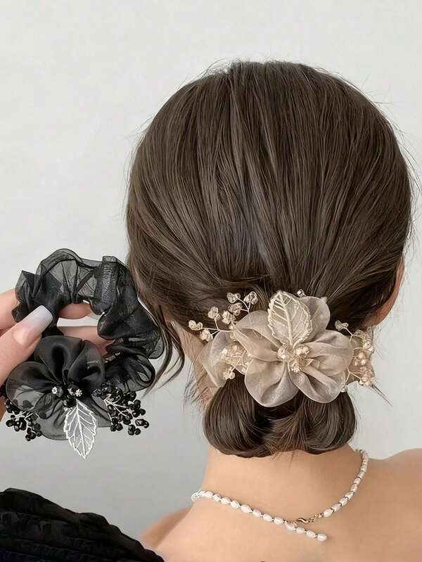 2pcs Women's Sweet Style Hair Accessories: Starry Sky, Organza Oversized Hair Scrunchie, Fashion Floral Hair Clip, Gift, Travel Supplies, Women's Gift, Hair Accessories, Christmas Stocking Stuffer