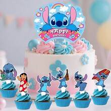 Hawaiian Stitch DIY Cake Decor Pack, Rainbow Happy Birthday Cake Topper, Assorted Character Cupcake Toppers, Lightweight Dessert Picks For Holiday Celebration Anime Fan Dessert Table Decor - Multicolor - View 2