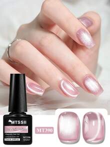 Mtssii 1pc 7ml Crystal Nude Pink Cat Eye Gel Nail Polish, Shiny Crystal Cat Eye Magnetic Semi-Permanent Soak-Off UV Gel Nail Polish, Suitable For Summer Manicure, Long-Lasting, DIY Home And Salon Nail Art Supplies - Pink - View 2
