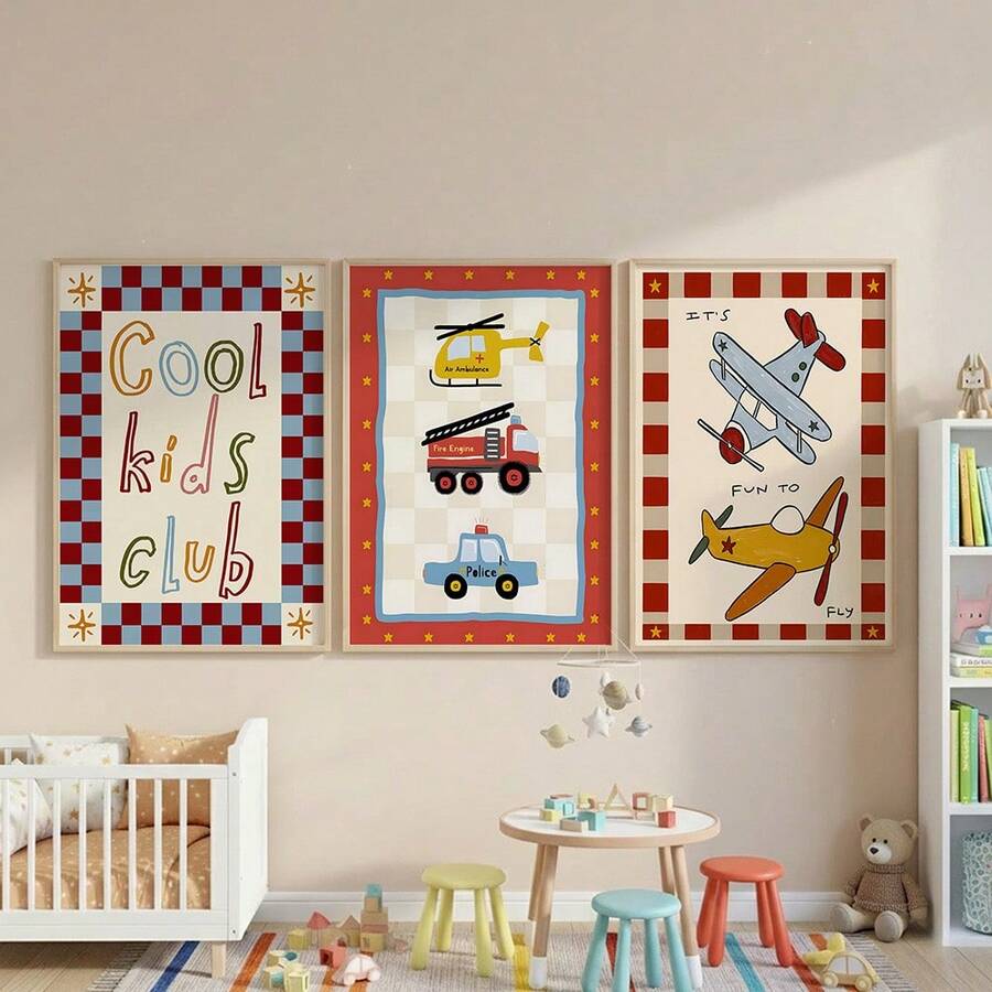 1/3pcs Cool Kids Club Wall Art: Vintage Airplane Transportation Canvas ...