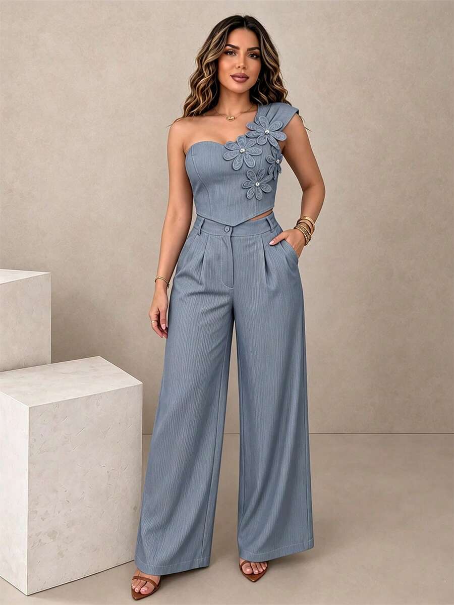 ChicMe Women's 2pcs Set Rhinestone 3D Floral Applique One Shoulder Ruched Top With High Waist Wide Leg Pants, Fashionable Daily Wear - Dusty Blue - View 1