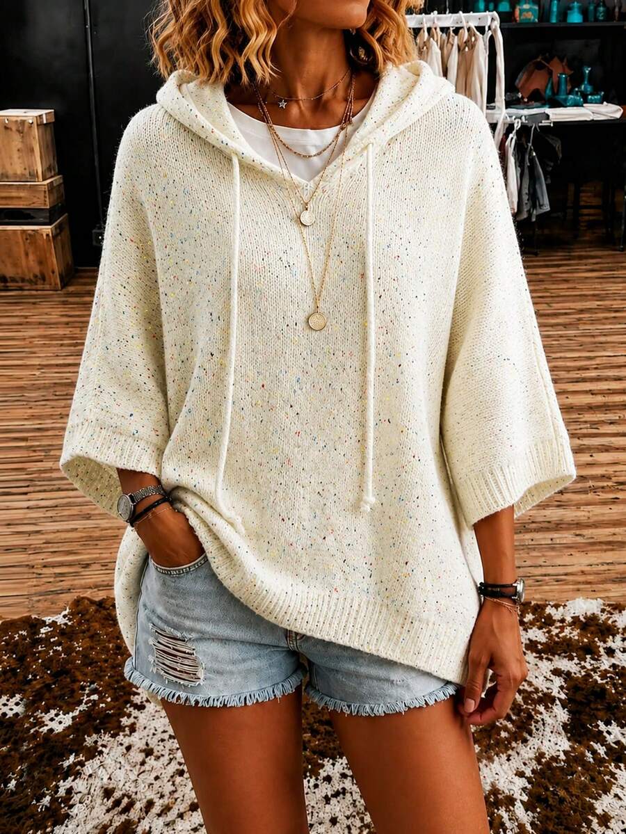 Knit Drawstring Casual Versatile Commute Loose Hooded Pullover Sweater For Evening Date, Holiday, Daily, Vacation, Birthday Party, Autumn/Winter Fall - Off White - View 1