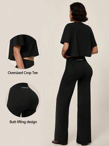 TimeOff Women's One Set Autumn/Winter Solid Color Round Neck Loose Short T-Shirt & Wide Leg Long Pants Sports Outfit - Black - View 11