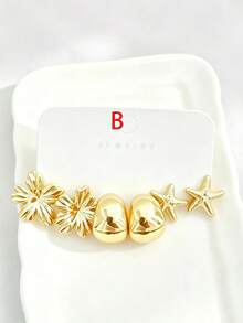 3/9 Pairs Gold Metal Earrings Set, Beach Vacation Style Starfish Shell Flower Water Drop C-Hoop Stud Earrings - Gold - View 10