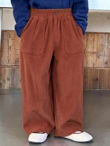 1pc 4-7 Years Old Boys Draped Wide Leg Corduroy Pants With Elastic Waist, Spring Summer Autumn - Brown - View 2