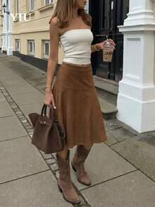 YIU Women's Brown Suede A-Line Skirt, Knee Length Slightly Elastic Casual Elegant Autumn Commute Date Daily Wear - Brown - View 2
