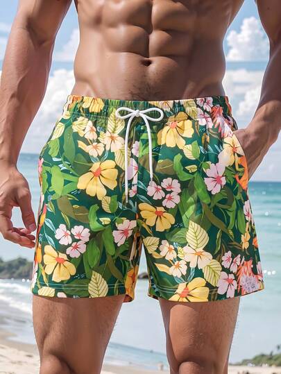 1pc Men's Beach Shorts Green Tropical Floral Random Print Lightweight Breathable Non-Stick Drawstring Elastic Waist Design Vacation Style Hawaiian Beach Casual Pants Machine Washable