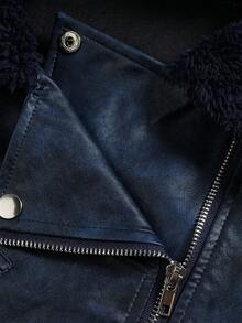 Fall Vintage Navy Fleece Collar Moto Cropped Jacket For Women, Asymmetric Zipper Loose Biker Outerwear For Work Party - Blue - View 4