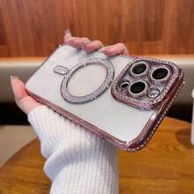 Electroplated Glitter Rhinestone Magnetic Wireless Charging Phone Case, Compatible With IPhone 17 Pro Max 17 Pro Air 17, 11-17 Series Soft Shell - Pink - View 7