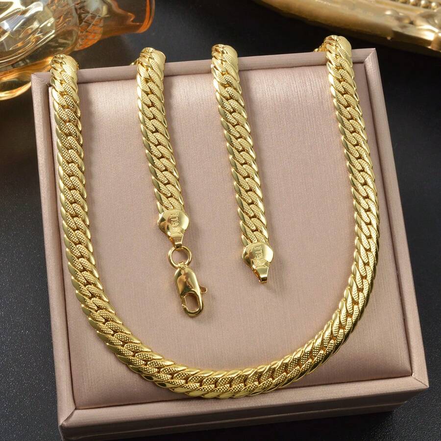 1 Stück luxuriöse klassische 18k vergoldete Kupfer-Halskette, flach gewebt, 7mm, 750 italienisches Design, geeignet für Männer und Frauen für Alltag, Party und Dates - Gold - Übersicht 1