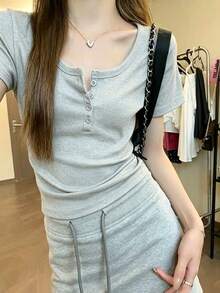 Solid Color Regular Shoulder Short Sleeve Women's Versatile Round Neck Slim Fit Flattering Elastic White Semi-Sheer T-Shirt Top Summer Casual - Light Grey - View 5