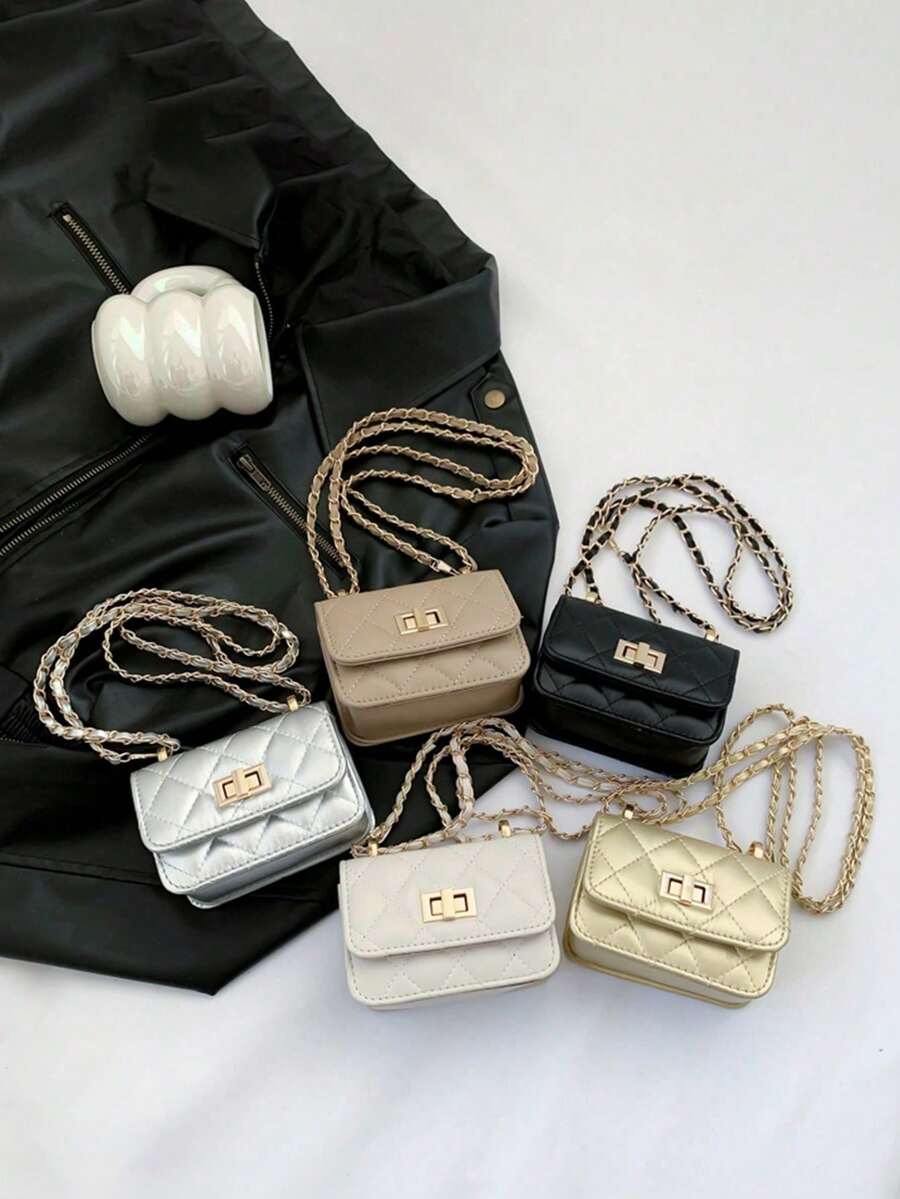 XD 1pc New Mini Square Handbag For Girls, Diamond Pattern Patchwork Shoulder Bag, Woven Chain Flap Small Bag, Cute Crossbody Bag, Accessory Bag