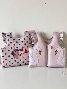 1pc Toddler Girls Cute Cartoon Swan Print Ruffle Trim Front Zipper Buoyancy Swim Vest, Children Swimming Training Floating Jacket Beach Pool Water Buoyancy Vest - Multicolor - View 7