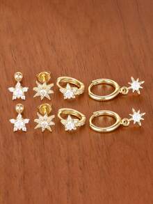 8PCS Sparkling Zirconia Star Hoop Earrings Set For Woman 18K Gold Plated Stainless Steel Octagram Ear Stud Fashion Daily Wear Jewelry - 8PCS-gold - View 4