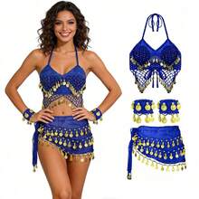 Fusion Festival Belly Dance Ornate Coin Sequin Bra With Hip Scarf And Arm Bands For Boho Travel Shooting And Themed Events - Multicolor - View 6