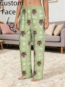 Celana Tidur Wanita Motif Wajah Kucing, Cakar, dan Tulang Ikan Warna Hijau Muda Bahan Poliester Longgar Kasual untuk Pakaian Santai Sehari-hari di Rumah & Relaksasi Liburan - MultiWarna - View 1
