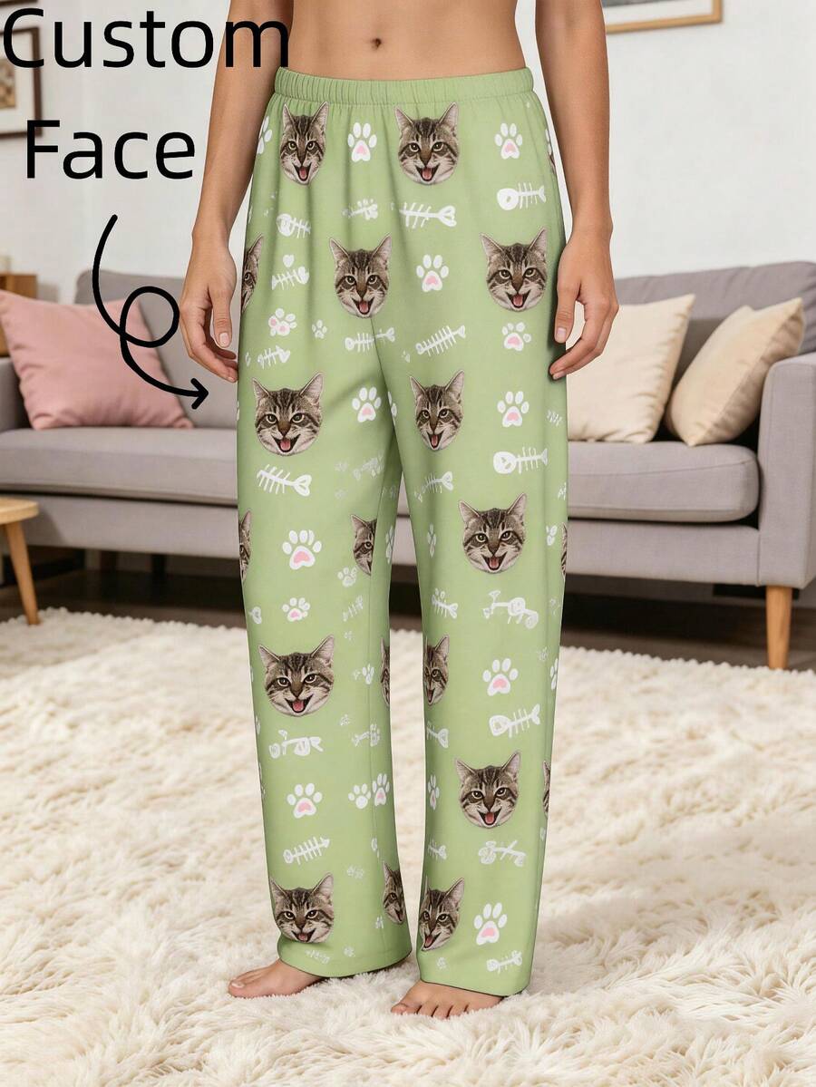 Celana Tidur Wanita Motif Wajah Kucing, Cakar, dan Tulang Ikan Warna Hijau Muda Bahan Poliester Longgar Kasual untuk Pakaian Santai Sehari-hari di Rumah & Relaksasi Liburan - MultiWarna - View 1
