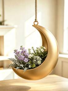 1/2pcs 3D Printed Luxury Metallic Gold Crescent Moon Hanging Planter, Hemp Rope Suspended Air Planter, Suitable For Succulents, Baby's Breath, Hydrangea Artificial Flowers, Bedroom Balcony Wall Star Moon Style Soft Decoration Flower Pot - Crescent Moon - View 7