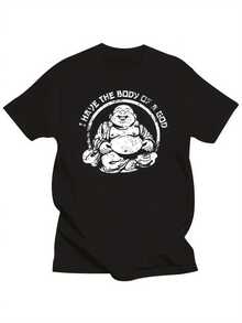 Irt "Tengo el Body de un dios" - Diseño divertido de Buda, blanco sobre negro, tela de algodón suave, ajuste regular para verano & uso casual, top humorístico, OVERSIZE - Negro - Ver 1