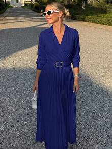 Autumn/Winter Elegant Sophisticated Lady Lightweight Fabric Loose Fit Unlined Solid Color Pleated Dress With Belt Vintage Style Fall Dresses For Women & Homecoming Dress, Breathable, Oversized, Polyester Material - Navy Blue - View 3