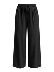 Plus Size Women's Black Ribbed Drawstring Elastic Waist Wide Leg Pants, Dual Pockets Casual Slimming Long Pants - Black - View 11