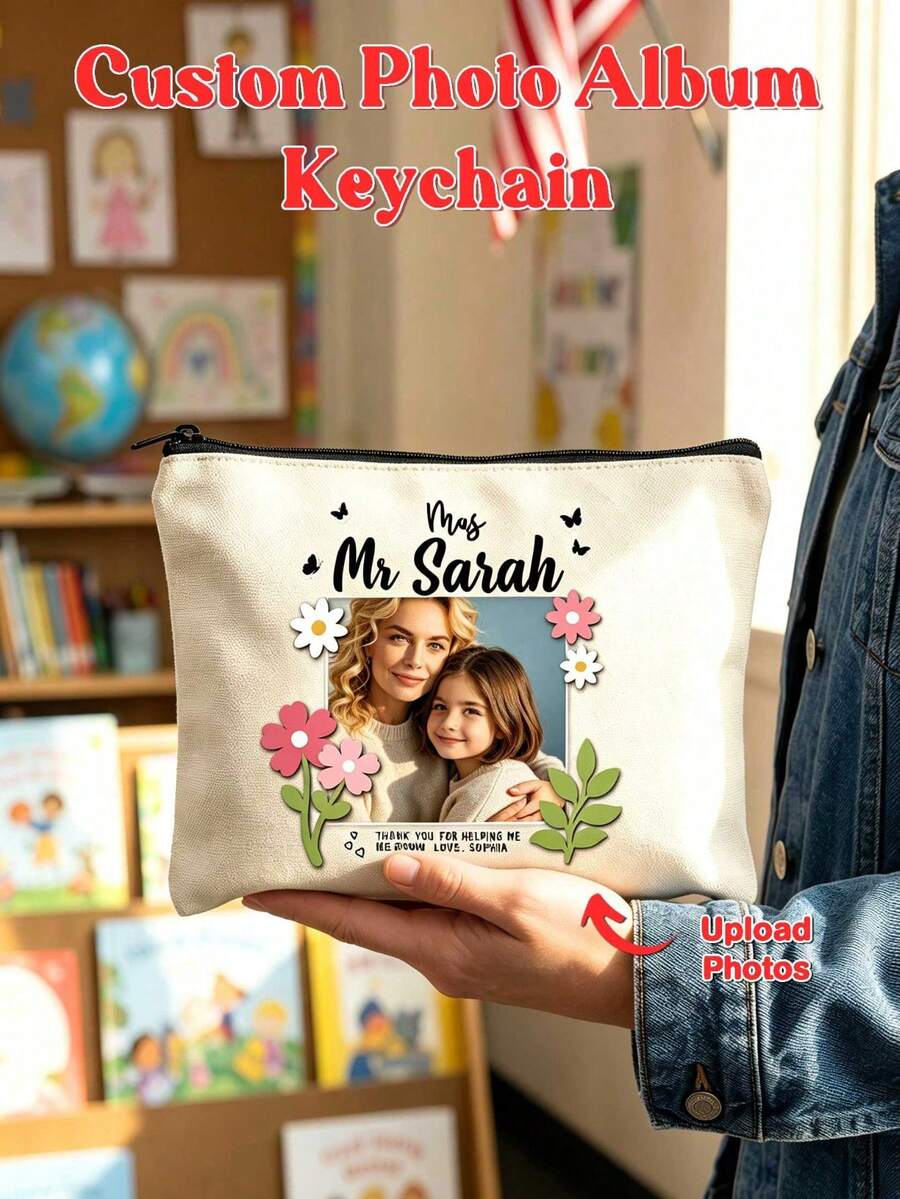 Custom Photo Canvas Zipper Pouch Personalized Teacher Name Floral Butterfly Frame Makeup Bag, Custom Upload Picture Teacher Appreciation Gift With Daisy Border, Stationery Cosmetic Storage Bag For Teacher's Day Back To School Daily Carry Organizer - Multicolor - View 1