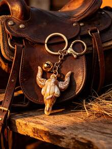 1pc Vintage Western Bull Skull Keychain With Small Bell, Gold Hardware Bag Charm, Cowboy Ranch Accessory - Multicolor - View 7