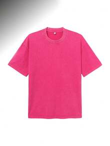 T-shirt d'été en coton lavé pour femme, style streetwear américain avec écussons de course, coupe ample, effet vieilli, noir, manches courtes, unisexe - Rose vif - Voir 3