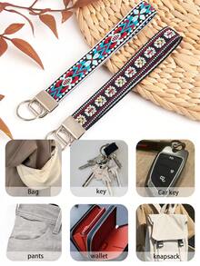1個刺繡編織鑰匙圈 波希米亞手工繩編鑰匙環 腕帶式鑰匙圈 車鑰匙吊飾 包包掛飾 手機鍊配件 - 彩色 - 查看 9