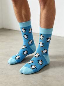 Men Cartoon Penguin Pattern Crew Socks, Fall Socks - Multicolor - View 1