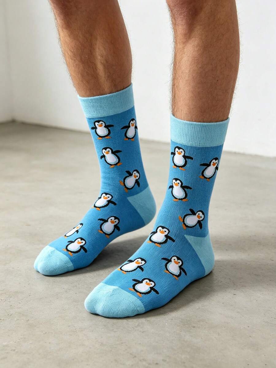Men Cartoon Penguin Pattern Crew Socks, Fall Socks - Multicolor - View 1