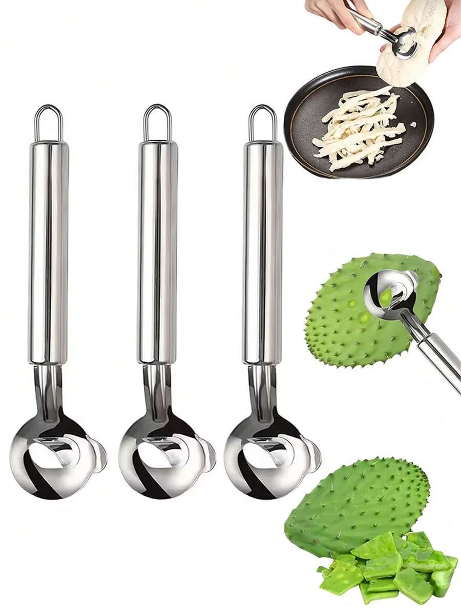 Set di 3/1 pezzi di cucchiai per sbucciare a forma di cactus in acciaio inossidabile, pelapatate multifunzione per frutta e verdura, sbucciatore a , scavatrici, utensile da cucina con manico lungo e foro per appendere, adatto per la cucina domestica e del ristorante - Argento - Visualizzare 1