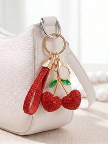 Full Diamond Cherry Keychain, Rhinestone Lanyard Design, Girly Pearl Heart Pendant, Versatile Bag & Car Key Chain, Delicate Gift For Women - Multicolor - View 11