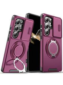 適用於 Galaxy S26 Ultra S25 Ultra S24 Ultra S23 Ultra S22 Ultra 手機殼，附可滑動相機蓋 + [全相機保護] 360°旋轉環支架 車用磁吸支架 磨砂質感 防震保護殼 - 櫻桃紅 - 查看 2