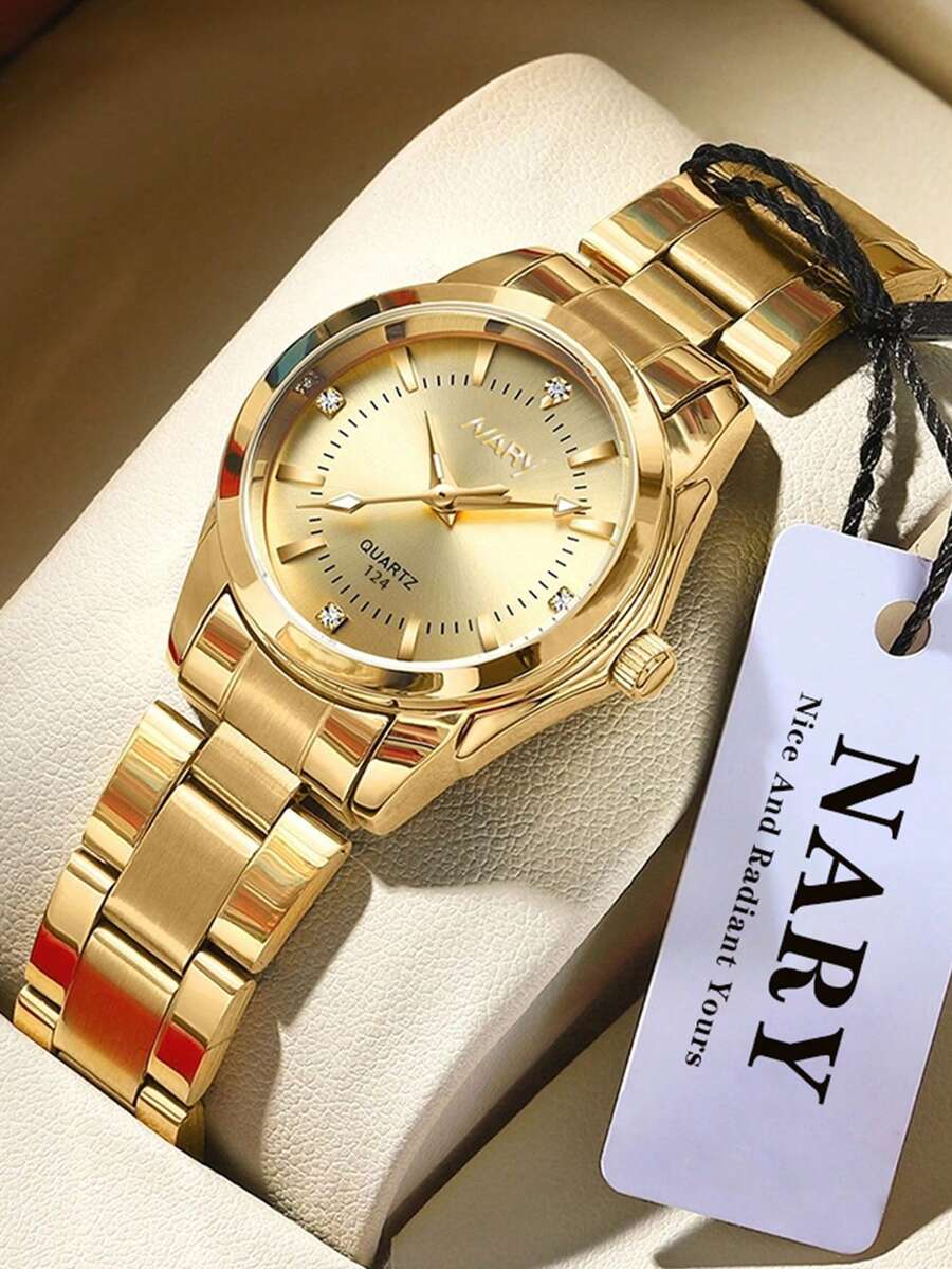 NARY 1件女款金色手錶，休閒優雅石英錶，鑲鑽圓形時尚錶盤，防水不鏽鋼錶帶，附調整工具，適合日常穿戴、派對、聚會等場合