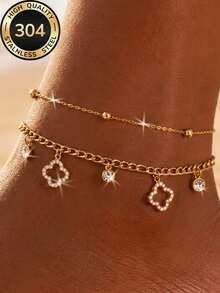 2pcs/Set 18K Gold Plated Women's Luxury Colorful Sparkling Round Bead Pendant Four-Leaf Flower Double Layer Anklet, 304 Stainless Steel Waterproof Non-Fading, Suitable For Summer Outfits, Beach Vacation, Pool Party And Daily Wear, Anniversary, Christmas, Holiday Gift - Anklet 6 - View 2
