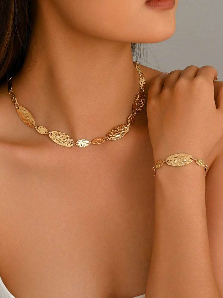 1 Set 2pcs Vintage Exaggerated Fashion Design Asymmetrical Hammered Texture Water Drop Shape Metal Sequin Necklace & Bracelet Set Suitable For Women Daily Wear, Party, Banquet - Gold - View 3
