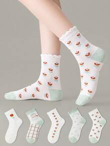 ZUJO 5 Pairs Women's Mid-Calf Ruffle Socks, Cartoon Bear & Heart & Flower Pattern, Suitable For Daily Wear, Simple And Comfortable, Random Color - Multicolor - View 7