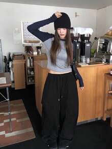Korean Style Fashion Versatile Slimming Round Neck Contrast Color Raglan Sleeve Ribbed Knit Sweater - Grey - View 5