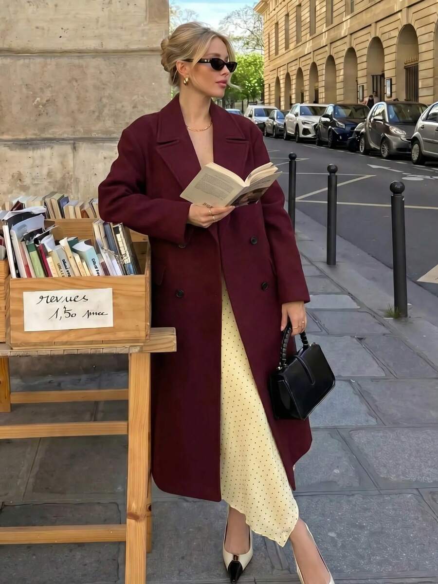 Women's Long Sleeve Solid Color Pocket Trench Coat, Double-Breasted Coat, Country Style For Women, Fall Winter For Women, Halloween Costumes, Christmas Women's , Saudi National Day, Going Out - Burgundy - View 1