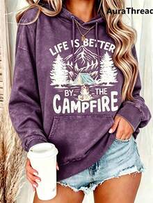 WomensCampGraphicSweaterLifeIsBetterByTheCampfireMountainAndPineTreeDesignWarmCrewNeckSweaterForAutumnWinterMediumElasticityCasualSweaterMachineWashab - Purple 2 - View 2