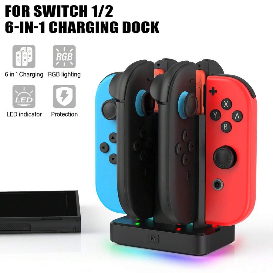 Switch NS 2 Joy-Con 6合1充電底座,磁吸式設計,2.5小時快充可充6個控制器,8種RGB燈效,防滑墊,多種供電選項,ABS材質,黑色,聖誕節/生日絕佳禮物 - 黑色 - 查看 1