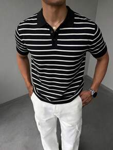 男士橫條紋短袖 Polo 衫，休閒經典版日常上衣 - 黑色 - 查看 9