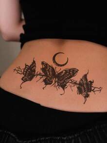 1 Sheet Dark Tone Drip Crescent Moon Triple Butterfly Lower Back Horizontal Temporary Tattoo Sticker, Waterproof Long-Lasting Gothic Celestial Fake Tattoo, Body Art Decal For Hip Rib Side Waist Upper Thigh - Black - View 3