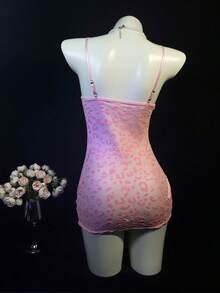 Vestido lencería mini sexy ajustado de malla transparente con estampado de leopardo - Rosa Pálido - Ver 3