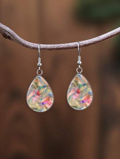 1 Pair Abstract Color-Block Oil Painting Pattern With 316 Stainless Steel Water Drop Earrings, Suitable For Women's Daily Wear