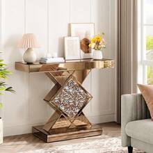 One Champagne Gold Mirrored Diamond Crushed Crystal Console Table, Light Luxury Modern Rectangular Decorative Hallway Table, Suitable For Entryway, Corridor, Living Room And Stairwell Decor - Champagne - View 6