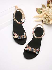 Beige Floral Braided Elastic Ankle Strap Sandals, Sapphire Rhinestone Flat Roman Sandals, Women Beach Sandals For Summer Vacation - Beige - View 6